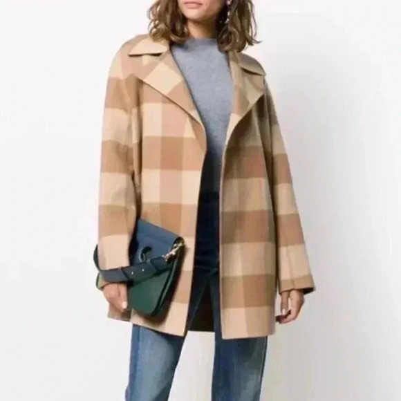 NWT Theory Buffalo Plaid Double Faced Check Overlay Tan Blazer Wool Coat Large - Picture 1 of 11